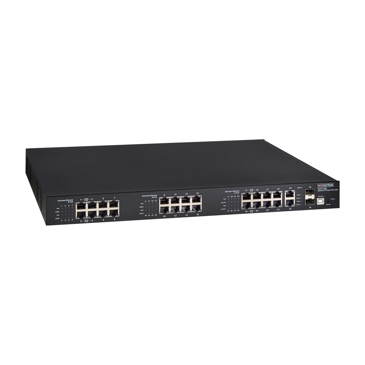 Vigitron - Vi31126 - 26-Port, 16-Port Extended UTP, 8-Port Standard, L2, Hybrid PoE Switch