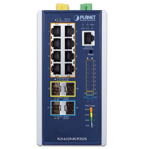 Planet - IGS-6329-8UP2S2X - Industrial L3 8-Port 10/100/1000T 802.3bt PoE + 2-Port 1G/2.5G SFP + 2-Port 10G SFP+ Managed Ethernet Switch