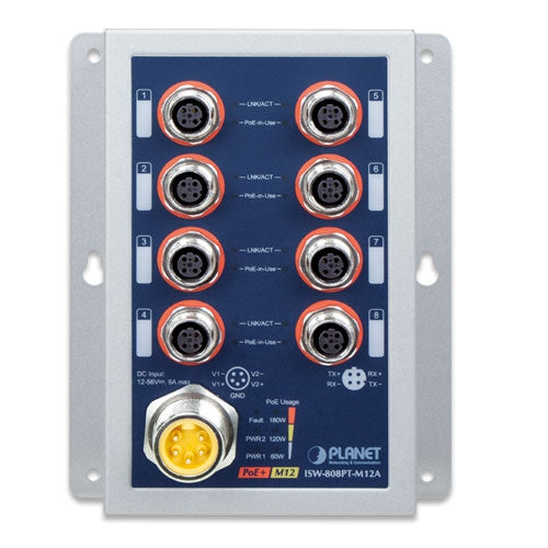 Planet - ISW-808PT-M12A - Industrial 8-Port 10/100TX M12 802.3at PoE+ Switch
