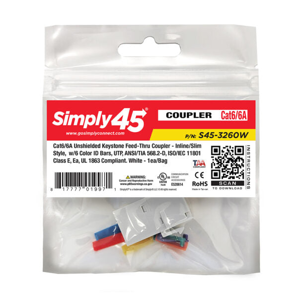 Simply 45 - S45-3260W-25 - Cat6 UTP White Keystone Feed-Thru Coupler - w/6-Color Snap-On ID Bars Included. 1ea/Bag, 25/Pack