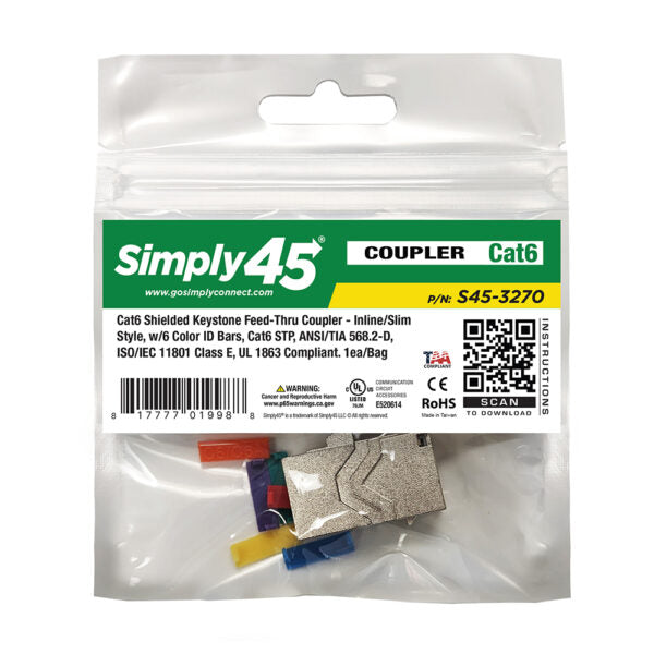 Simply 45 - S45-3270-25 - Cat6 STP Keystone Feed-Thru Coupler - w/6-Color Snap-On ID Bars Included. 1ea/Bag, 25/Pack