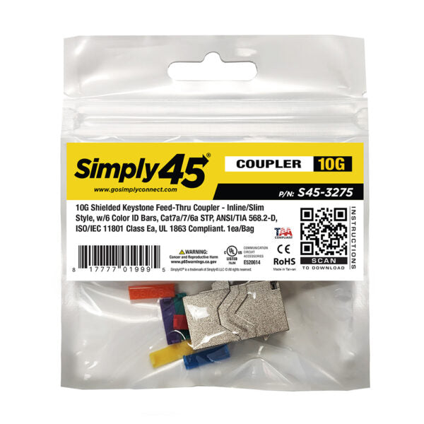 Simply 45 - S45-3275 - 10G STP Keystone Feed-Thru Coupler - w/6-Color Snap-On ID Bars Included. 1ea/bag