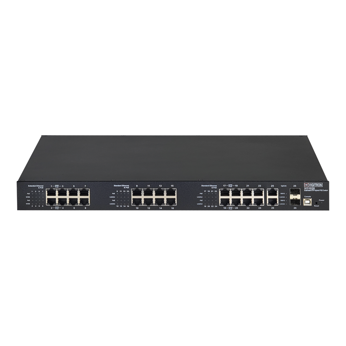Vigitron - Vi31026 - 26-Port, 8-Port Extended UTP, 16-Port Standard, L2, Hybrid PoE Switch
