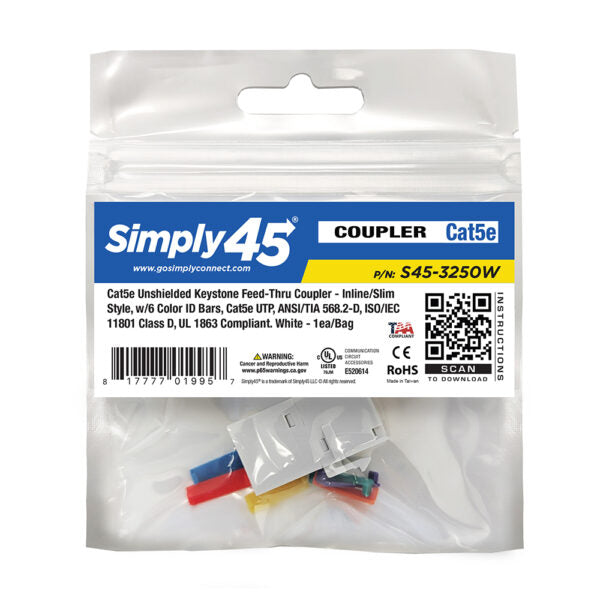 Simply 45 - S45-3250W - Cat5E UTP White Keystone Feed-Thru Coupler - w/6-Color Snap-On ID Bars Included. 1ea/bag
