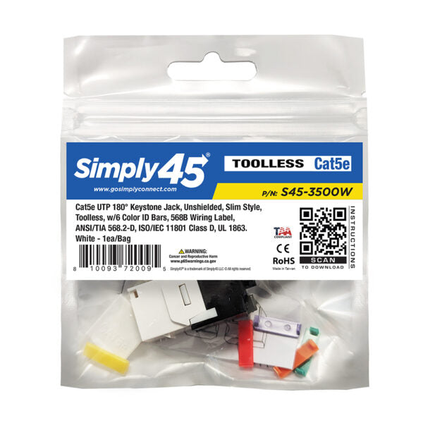 Simply 45 - S45-3500W - Cat5e UTP 180° White Keystone Jack, Toolless, Dust Cover, w/6-Color Snap-On ID Bars Included. 1ea/bag