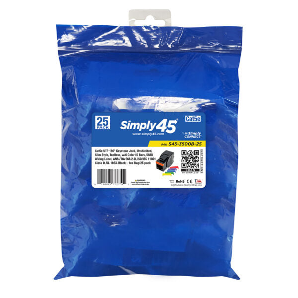 Simply 45 - S45-3500B-25 - Cat5e UTP 180° Black Keystone Jack, Toolless, Dust Cover, w/6-Color Snap-On ID Bars Included. 1ea/Bag, 25/Pack