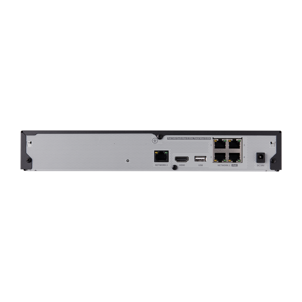 Hanwha - ARN-410S - Wisenet A Series 4CH PoE NVR, Embedded Linux, H.265, H.264, MJPEG codec, Plug & play by 4 PoE (LAN, 10/100), 1 RJ-45(WAN, 10/100), Supported HDD (Maximum 6TB), HDMI local monitor, ARB supported, P2P service support.
