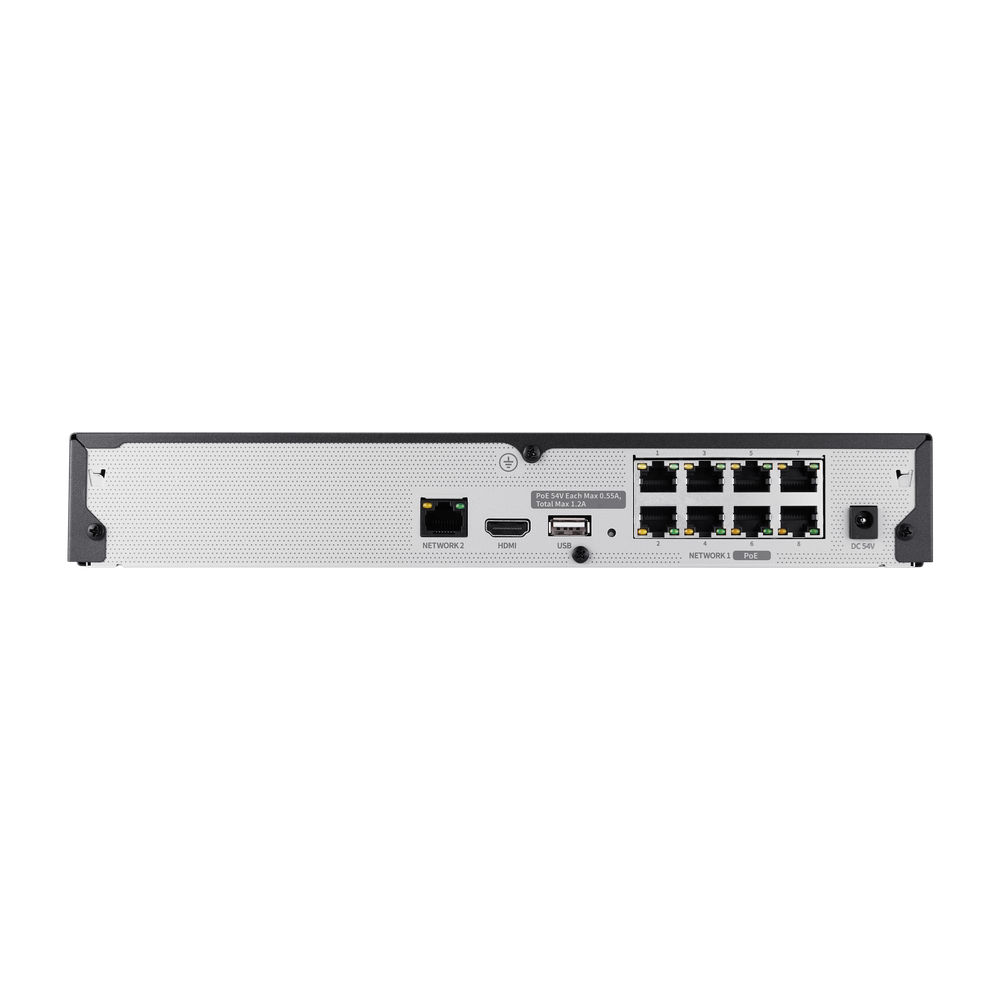 Hanwha - ARN-810S - Wisenet A Series 8CH PoE NVR, Embedded Linux, H.265, H.264, MJPEG codec, Plug & play by 8 PoE (LAN, 10/100), 1 RJ-45(WAN, 10/100), Supported HDD (Maximum 6TB), HDMI local monitor, ARB supported, P2P service support.