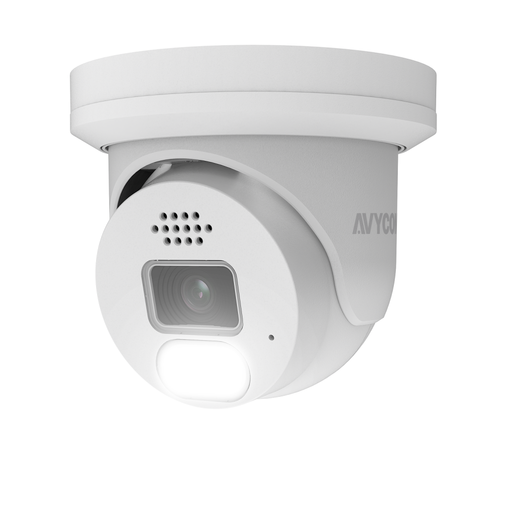 AVYCON - AVC-NDE81F28 - 8MP (3840x2160), H.265+ Turret IP Active Deterrence Full Color Camera, True WDR, AI, InfiniteColor™, 8MP@30FPS, Triple Stream, 2.8mm Lens, MicroSD, Onvif, DC12V / PoE, IP67, White