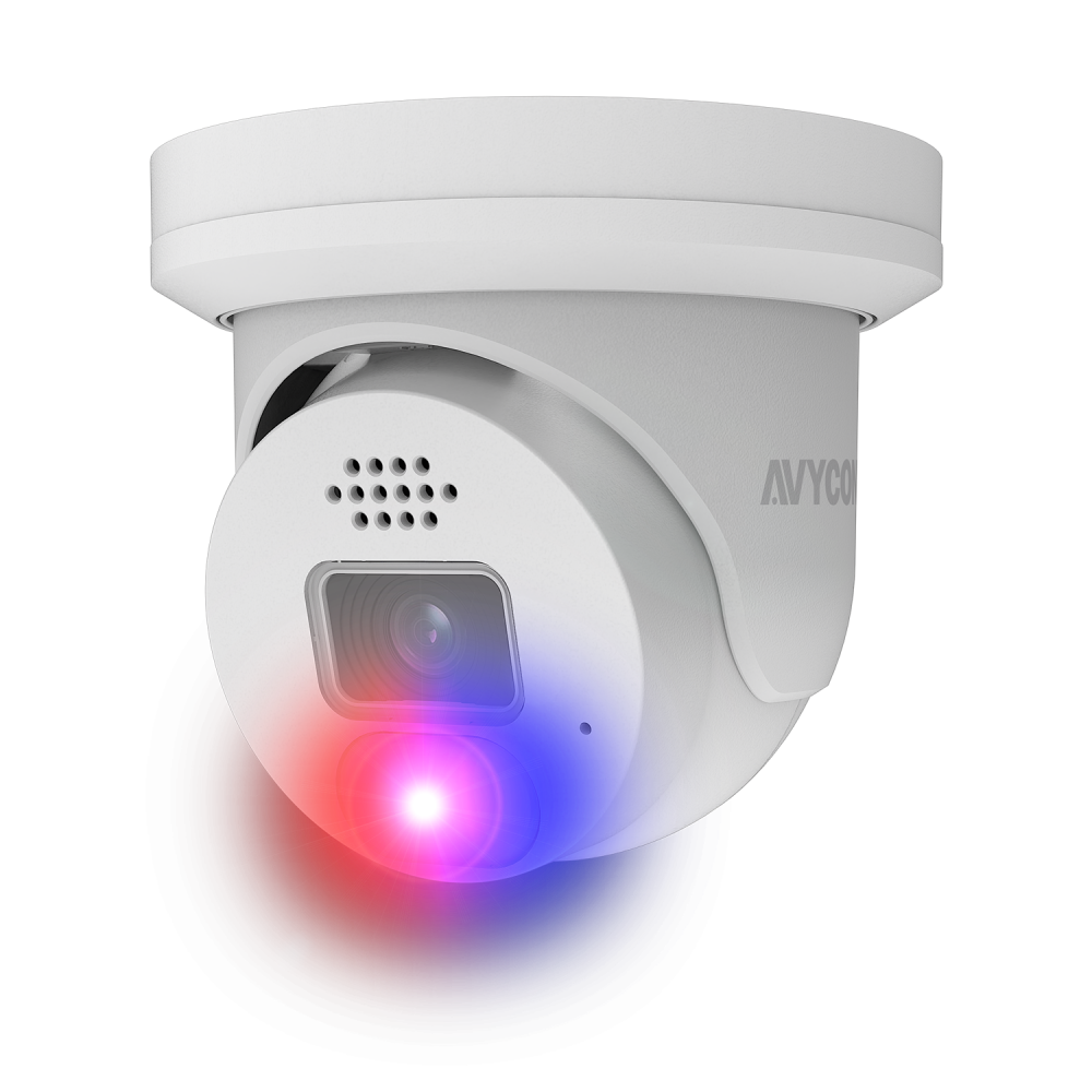 AVYCON - AVC-NDE81F28 - 8MP (3840x2160), H.265+ Turret IP Active Deterrence Full Color Camera, True WDR, AI, InfiniteColor™, 8MP@30FPS, Triple Stream, 2.8mm Lens, MicroSD, Onvif, DC12V / PoE, IP67, White