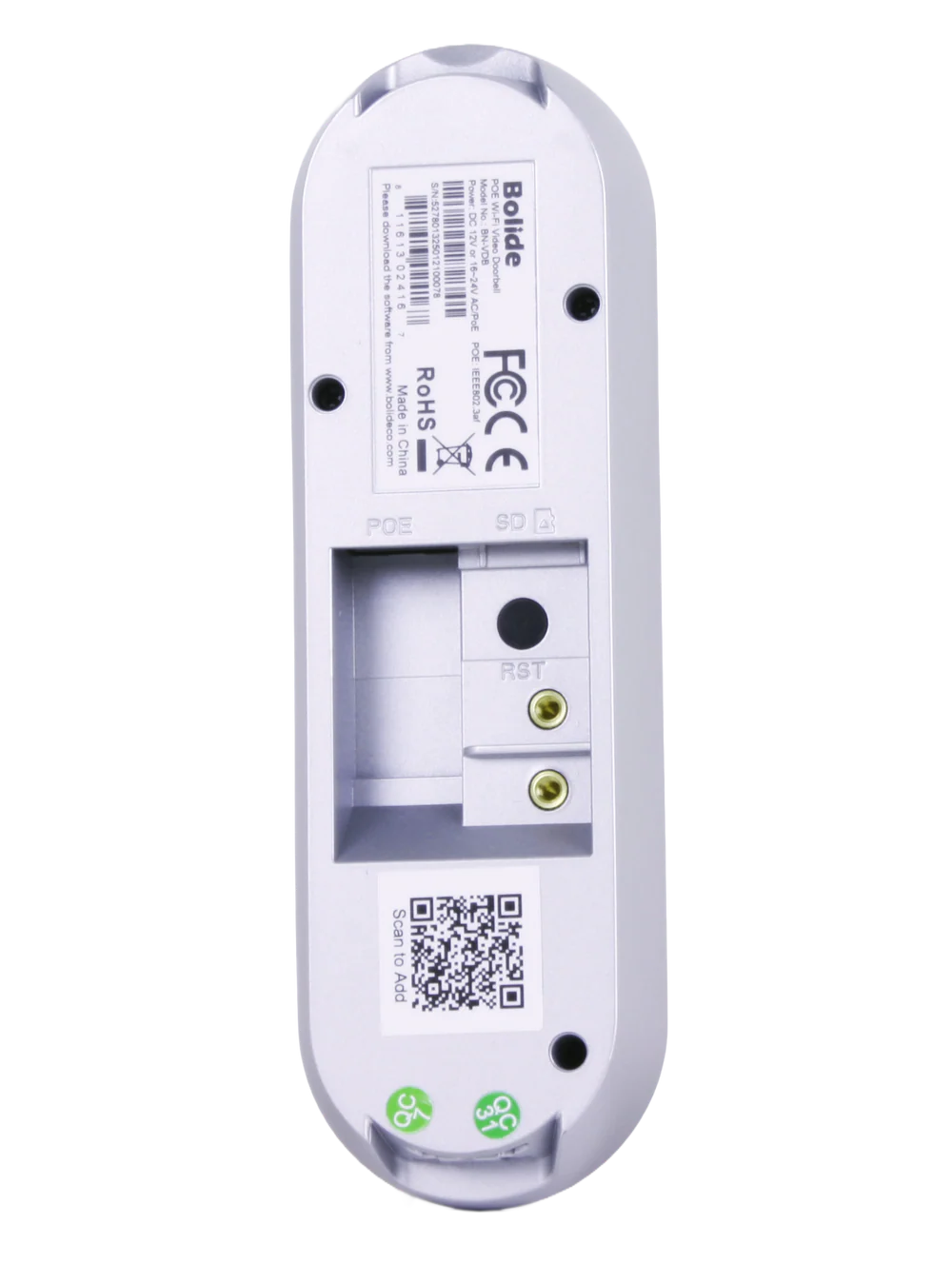 BOLIDE - BN-VDB - 5MP Smart Video Doorbell, Connects to Bolide iPac NX NVRs, 2.4/5G Wi-Fi Capable, Built-in Speaker and Mic, SD Card Slot, Human Detection, Package Dection, and Loitering Detection Analytics, POE, Silver Color, Includes Wall Mount Bra