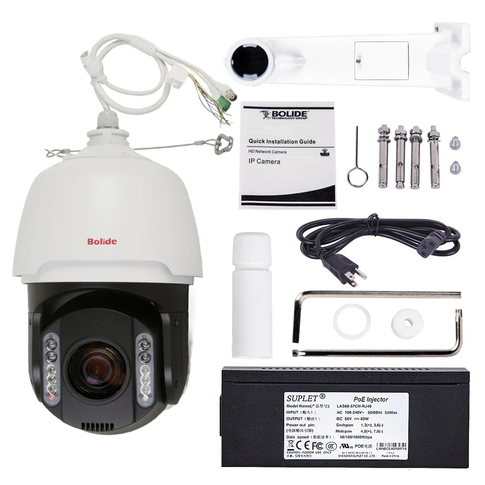 BOLIDE - BN1009/PTZ4K/NDAA - 8MP ( 4K ) 37x Optical 16x Digital Zoom Active Deterrent PTZ , Built-in Microphone and Speaker, Dual Source Illumination, iPac AI Enabled, Supports Audio and Light Alarm with Blue and Red Flashing Light, IR Up to 656 Feet