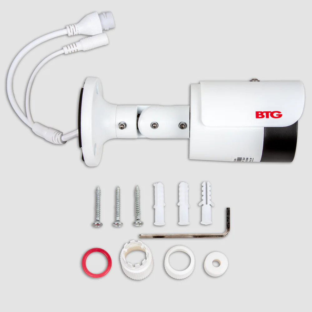 BOLIDE - BTG-N1935 - H.265 8MP ( 4K ) 3.6mm Fixed Lens IP66 IR Bullet Camera, POE, 12VDC, IR Up to 65ft, , Micro SD Card Slot, Alarm In/Out, NDAA Compliant, ONVIF