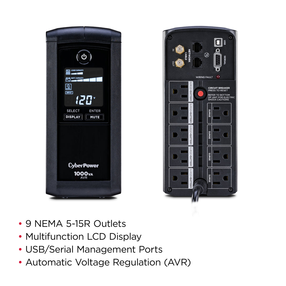CYBERPOWER - CP1000AVRLCD - CyberPower 1000VA/600W Line-Interactive Ups AVR LCD 9 Outlets 3 Year Warranty 1080 Joules