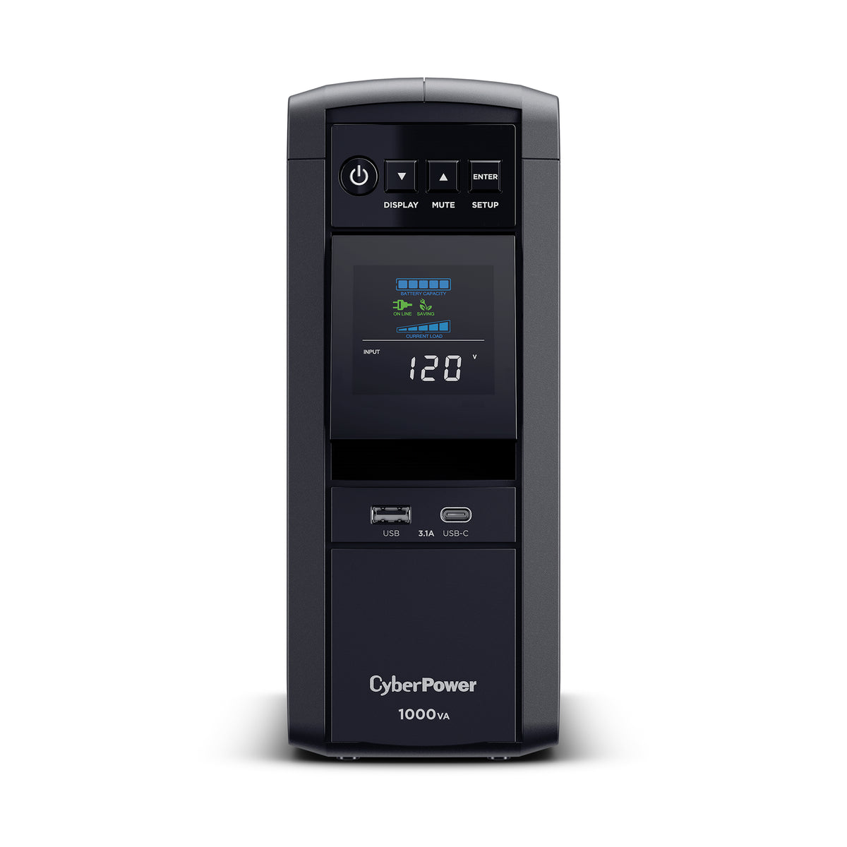 CYBERPOWER - CP1000PFCLCD - 1000VA/600W Sine wave UPS, NEMA 5-15P w/5ft Cord, 10 NEMA 5-15R Outlets, USB, Relay, 2 USB charge ports, PowerPanel Personal Software, 3 Yr Warranty