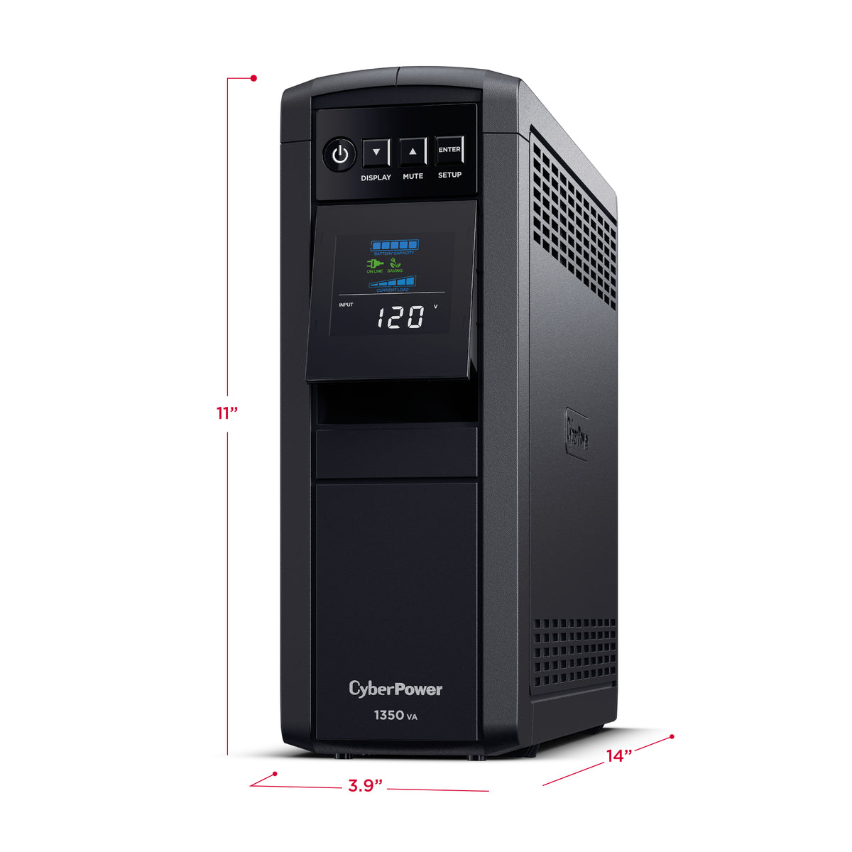 CYBERPOWER - CP1350PFCLCD - 1350VA/880W Line Interactive UPS, Sine Wave, Mini-tower, 12 NEMA 5-15R Outlets, NEMA 5-15P Plug w/5 Ft Cord, AVR, LCD, Serial/USB, 3 Yr Warranty