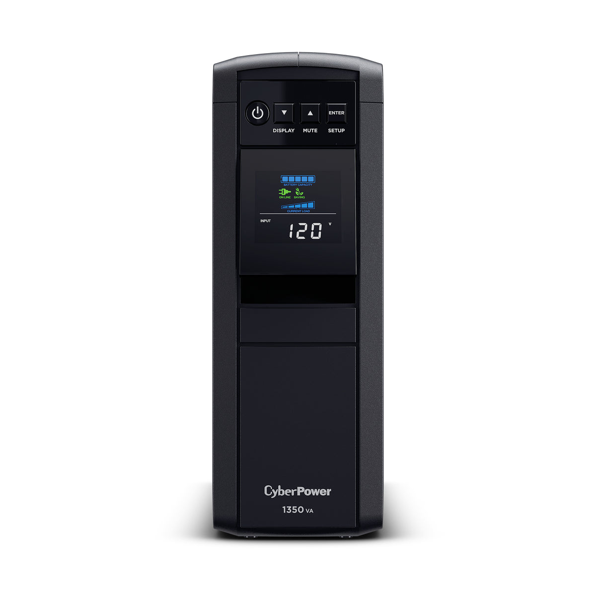 CYBERPOWER - CP1350PFCLCD - 1350VA/880W Line Interactive UPS, Sine Wave, Mini-tower, 12 NEMA 5-15R Outlets, NEMA 5-15P Plug w/5 Ft Cord, AVR, LCD, Serial/USB, 3 Yr Warranty