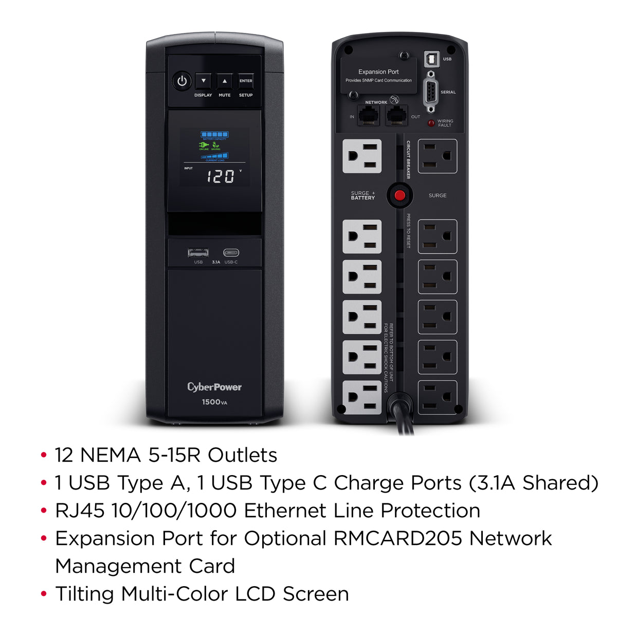 CYBERPOWER - CP1500PFCLCD - 1500VA/1000W, PFC Sine Wave Mini-tower UPS, 12 NEMA 5-15R, NEMA 5-15P, USB, Relay, SNMP, 3 Yr Wty