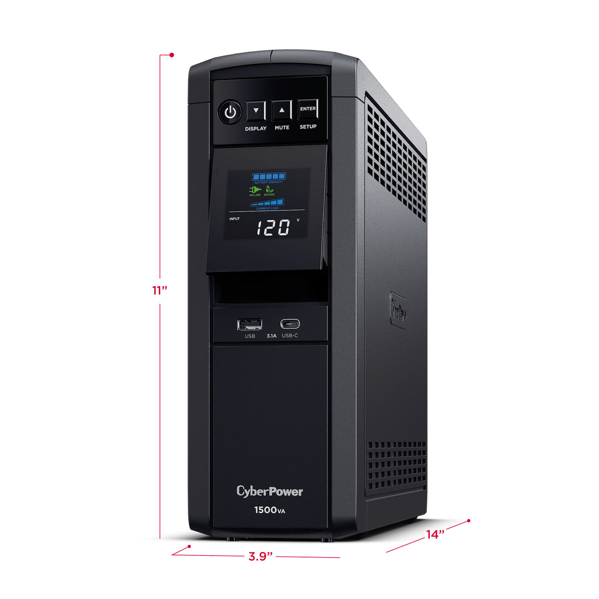 CYBERPOWER - CP1500PFCLCD - 1500VA/1000W, PFC Sine Wave Mini-tower UPS, 12 NEMA 5-15R, NEMA 5-15P, USB, Relay, SNMP, 3 Yr Wty