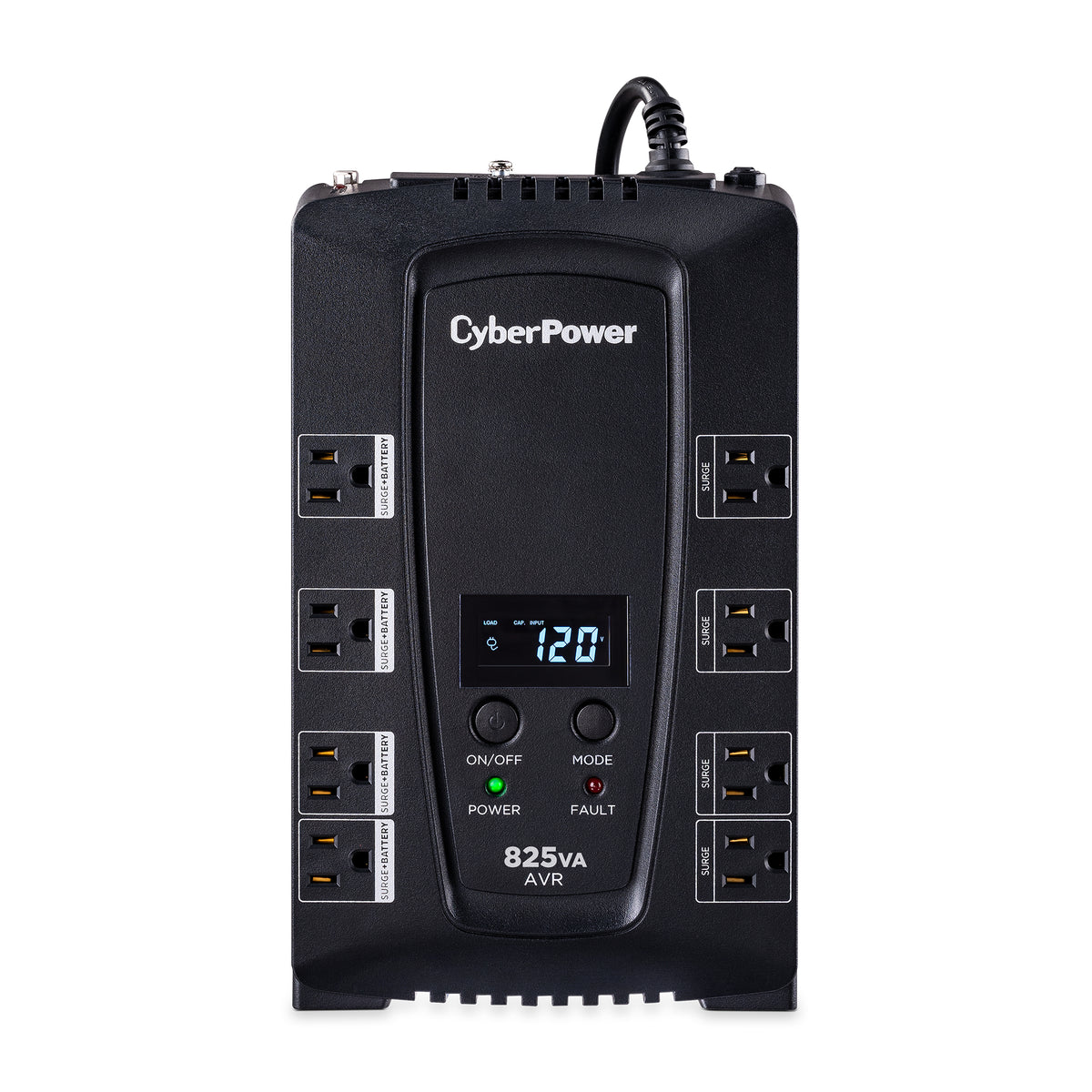 CYBERPOWER - CP825AVRLCD - 825VA/450W LINE INTERACTIVE UPS, 8 x NEMA 5-15R OUTLETS, NEMA 5-15P PLUG W/6FT POWER CORD, AVR, LCD, POWERPANEL PERSONAL SOFTWARE, 3 YR WTY