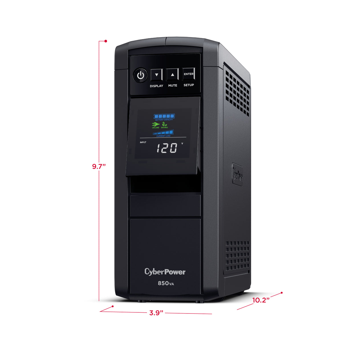 CYBERPOWER - CP850PFCLCD - 850VA/510W Line Interactive UPS, Sine Wave, Mini-tower, 10 NEMA 5-15R Outlets, NEMA 5-15P Plug w/5 Ft Cord, AVR, LCD, Serial/USB, 3 Yr Warranty
