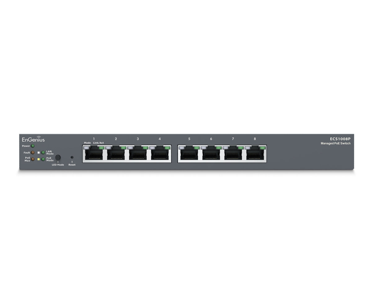 EnGenius - ECS1008P - 8-Port Cloud Managed Desktop Gigabit L2 PoE Switch, 802.3af, 55W