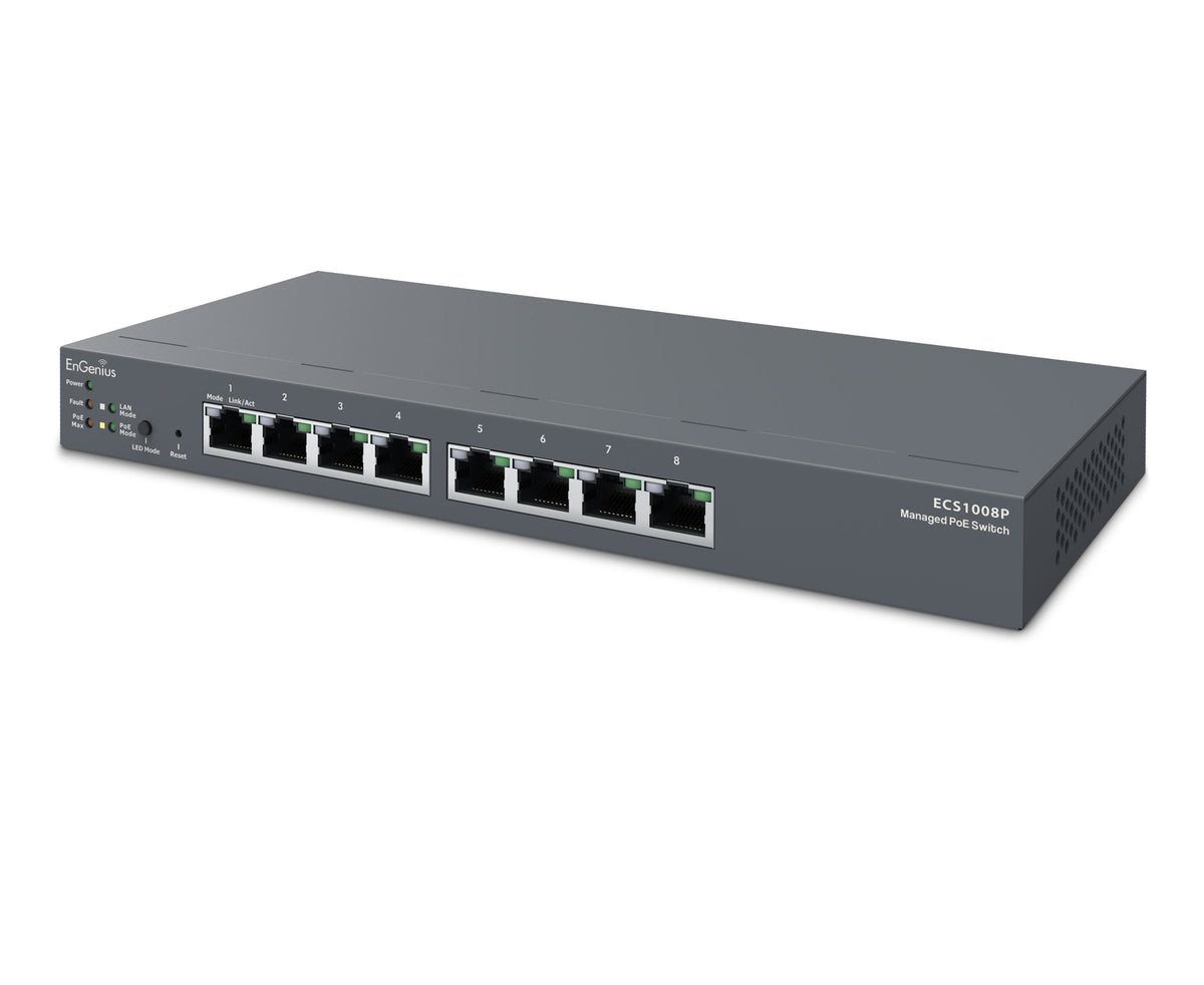EnGenius - ECS1008P - 8-Port Cloud Managed Desktop Gigabit L2 PoE Switch, 802.3af, 55W