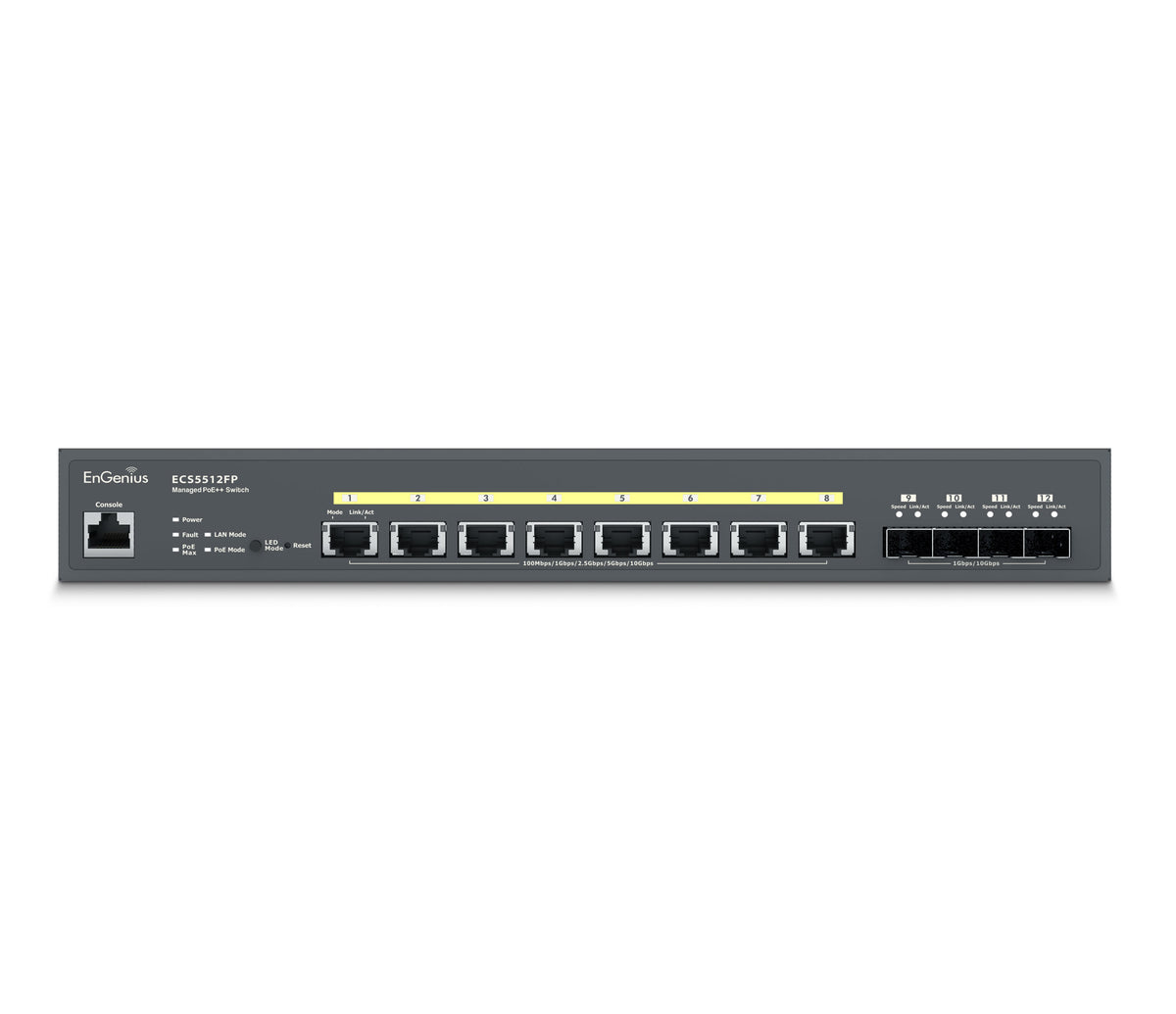 EnGenius - ECS5512FP - 10-Gigabit 8-port PoE++ layer 2+ switch comes with a 420W budget and 4 10G uplink ports