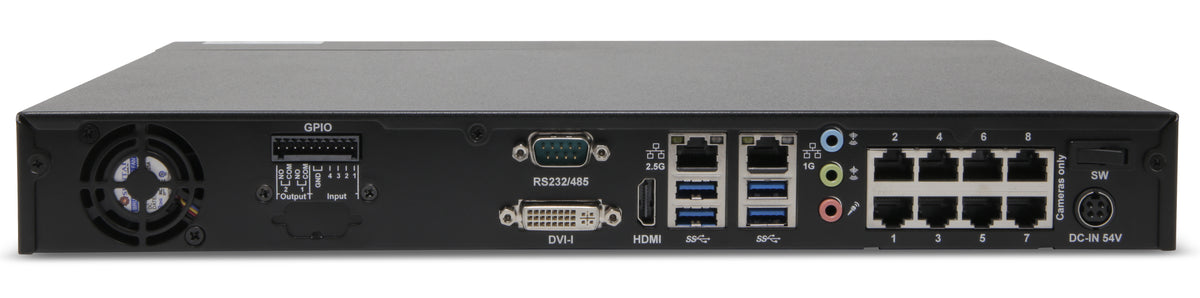 EXACQ - IP08-04T-GPL - IP Desktop 8 port PoE+ G-Series exacqVision NVR with 8 IP Professional licenses (8 max), 4TB Internal storage. PoE 120W total, 15w simultaneous all ports, 30w max per port. Linux Ubuntu 22.04 LTS OS on SSD, 4GB RAM, 1 X 1GbE, 1