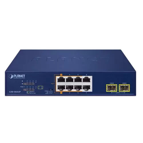 Planet - GSD-1022UP - 2-Port 10/100/1000T 802.3abt PoE + 4-Port 10/100/1000T 802.3at PoE + 2-Port 10/100/1000T + 2-Port 1000X SFP Desktop Switch