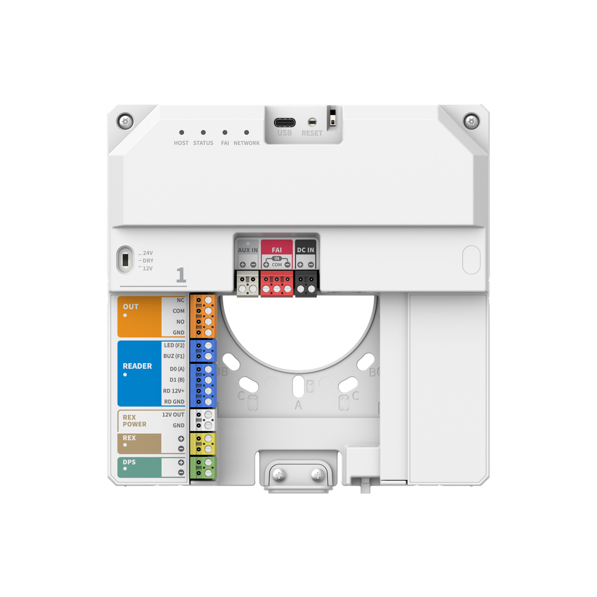 Hanwha - NHP-P100 - Powered by OnCAFE, IP Controller supporting (1) door, featuring (1) Wiegand/OSDP reader port (up to 2 OSDP Readers), (3) Supervised Inputs, up to (2) Unsupervised OSDP Flex Inputs, (1) Form-C wet relay output with dry/12VDC/24VDC 
