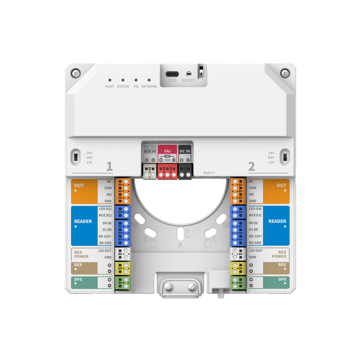 Hanwha - NHP-P200 - Powered by OnCAFE, IP Controller supporting (2) doors, featuring (2) Wiegand/OSDP reader ports (up to 4 OSDP Readers), (5) Supervised Inputs, up to (4) Unsupervised OSDP Flex Inputs, (2) Form-C wet relay outputs with dry/12VDC/24V