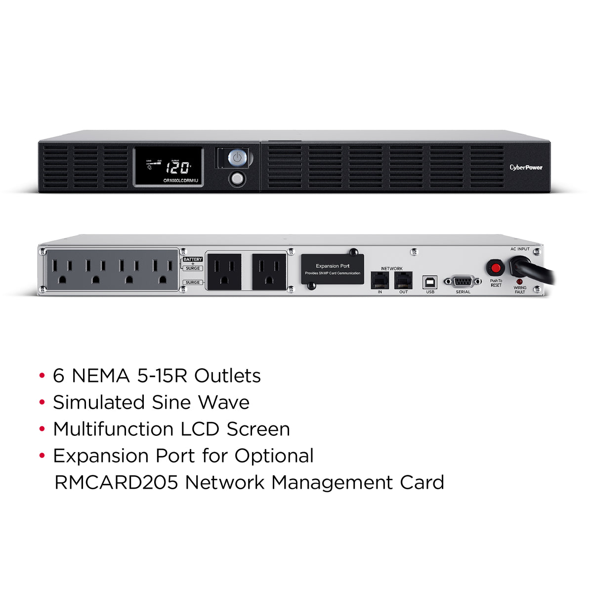 CYBERPOWER - OR1000LCDRM1U - 1000VA/600W 1U Rackmount UPS, 6 NEMA 5-15R Outlets, NEMA 5-15P Plug, 10 Ft. Cord, LCD, AVR, USB, Relay, SNMP, PowerPanel Business Software, 3 Year Warranty