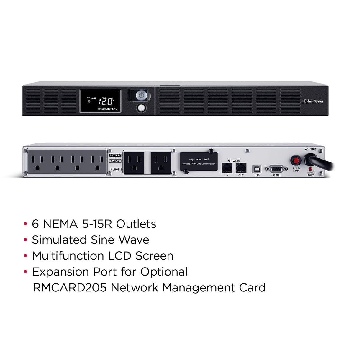 CYBERPOWER - OR500LCDRM1U - 500VA/300W 1U Rackmount UPS, 6 NEMA 5-15R Outlets, NEMA 5-15P Plug, 10 Ft. Cord, LCD, AVR, USB, Relay, SNMP, PowerPanel Business Software, 3 Year Warranty