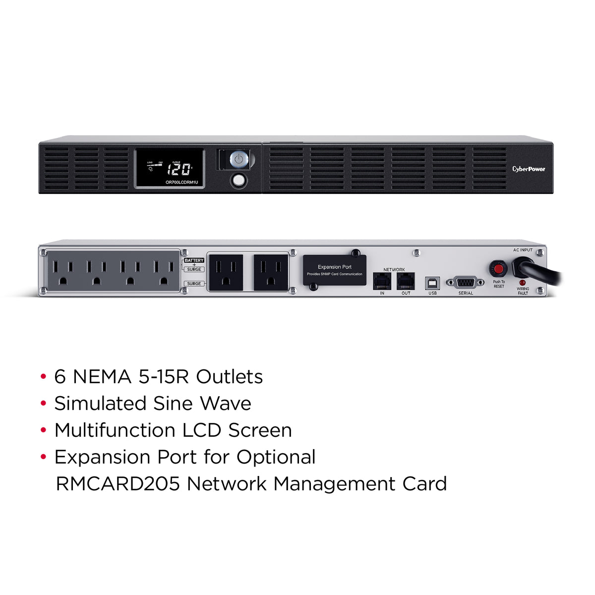 CYBERPOWER - OR700LCDRM1U - 700VA/400W, Simulated Sine Wave, 1U, NEMA 5-15P, 10 ft cord, 6 NEMA 5-15R, USB, Serial, SNMP, PowerPanel Business Edition software, Yes, 3 year warranty