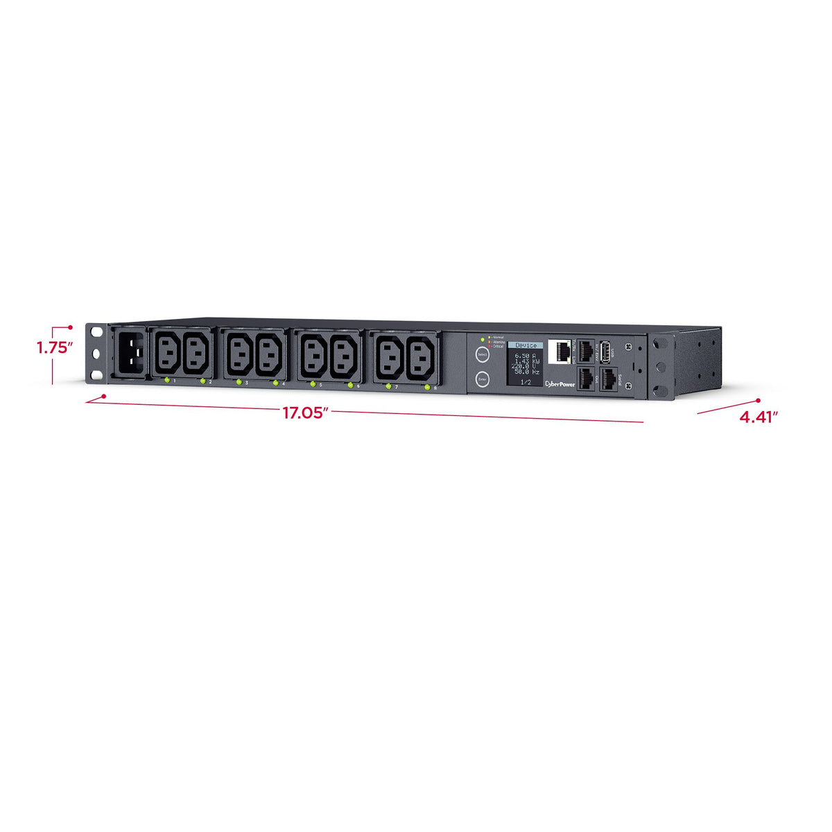 Cyber Power - PDU41005 - Switched PDU, 20A (Derated To 16A), 200-240V, 50/60 Hz, 8 x IEC-320 C13 Outlets, IEC-320 C20 Plug, 10 Ft Cord, 1U Rackmount, SNMP, 3Yr Warranty