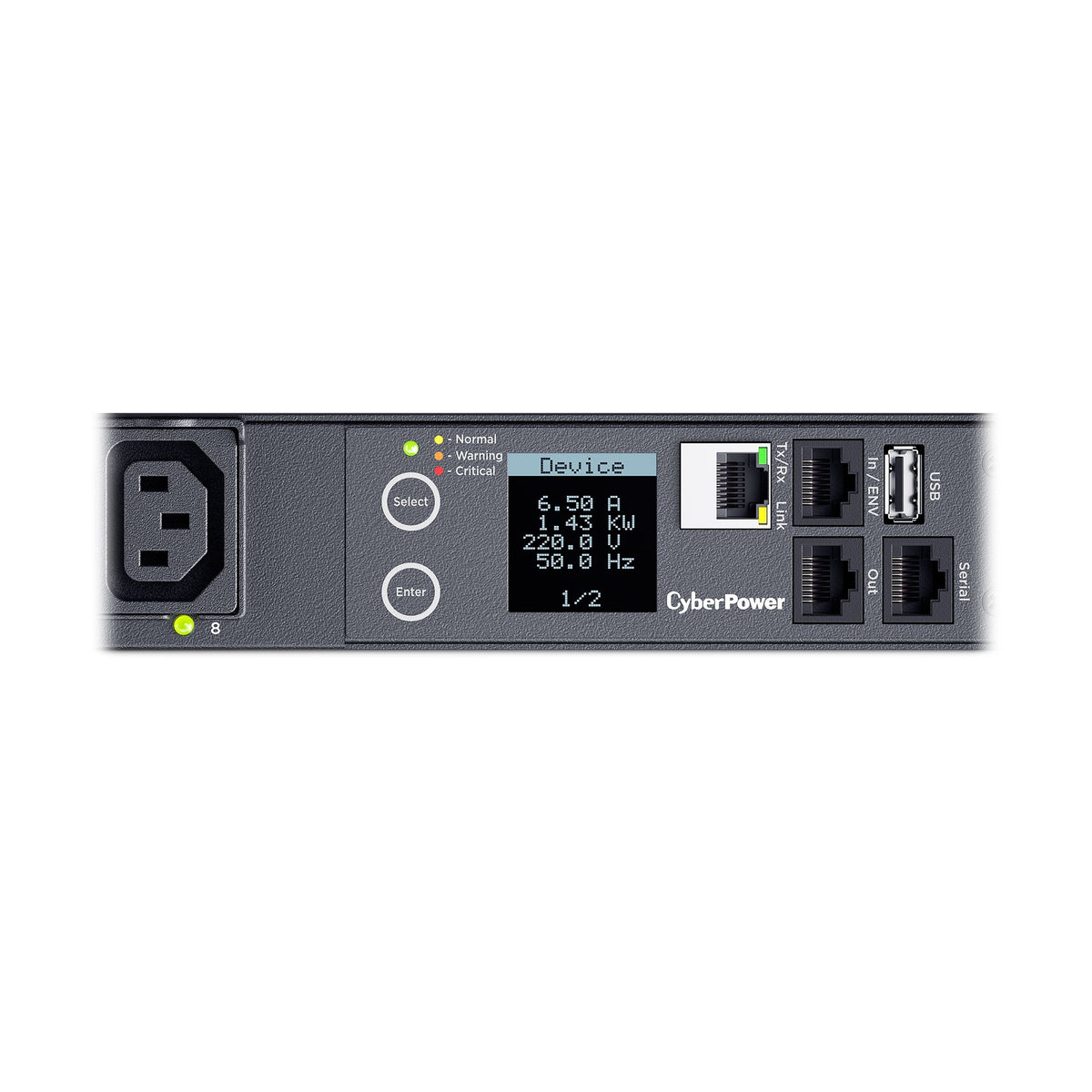 Cyber Power - PDU41005 - Switched PDU, 20A (Derated To 16A), 200-240V, 50/60 Hz, 8 x IEC-320 C13 Outlets, IEC-320 C20 Plug, 10 Ft Cord, 1U Rackmount, SNMP, 3Yr Warranty