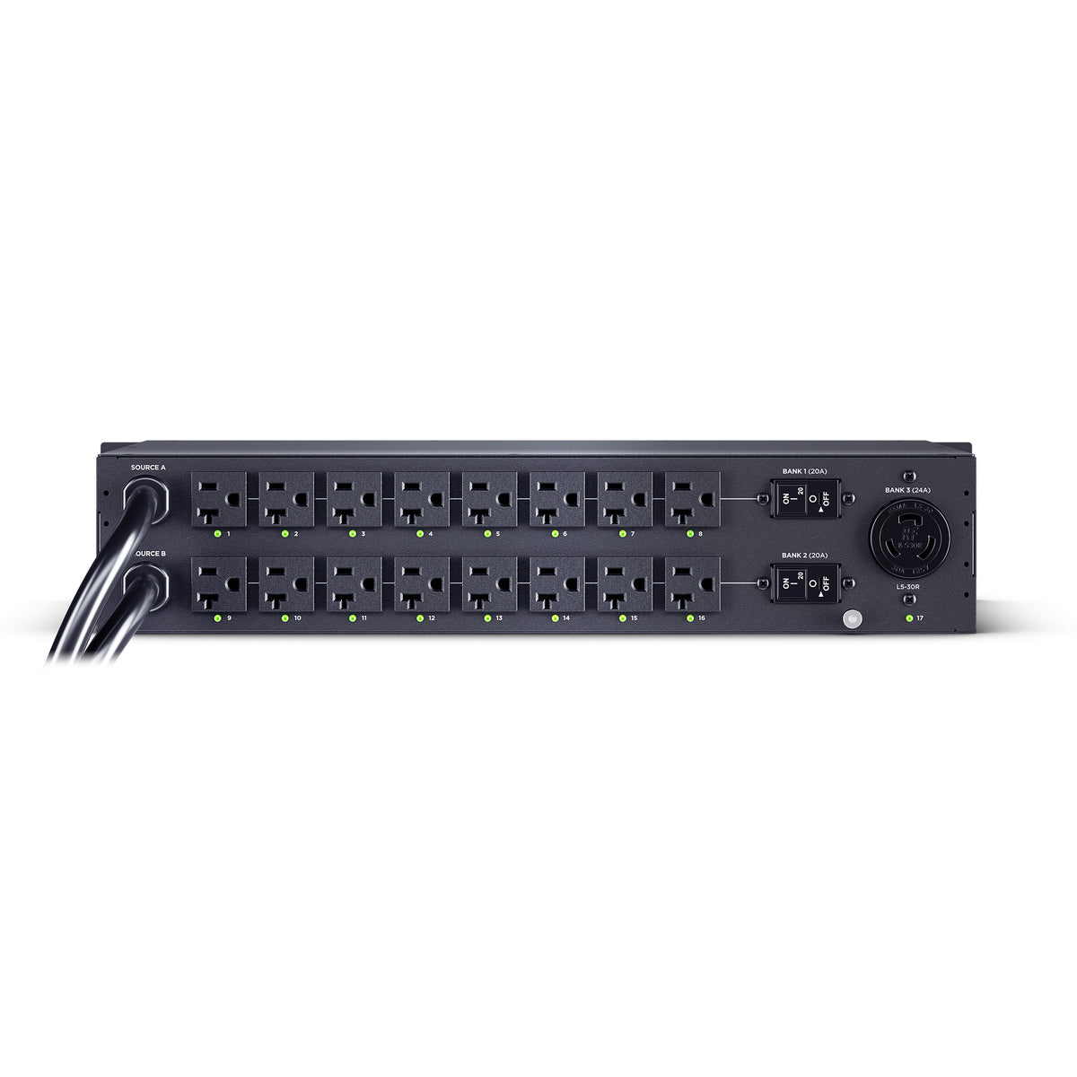 Cyber Power - PDU44003 - Switched ATS PDU, 30A (Derated to 24A), 100-120V, 2 x NEMA L5-30P Plug w/10 Ft Cord, 17 Outlets (16 x 5-20R + 1 x L5-30R), 2U Rackmount, 3 Year Warranty