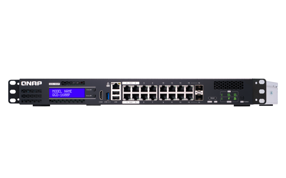 QNAP - QGD-1600P-4G-US - QNAP 16-port 1GbE Switch with 2 RJ45 and SFP+ Combo Port with Intel Celeron Processor and 4GB RAM