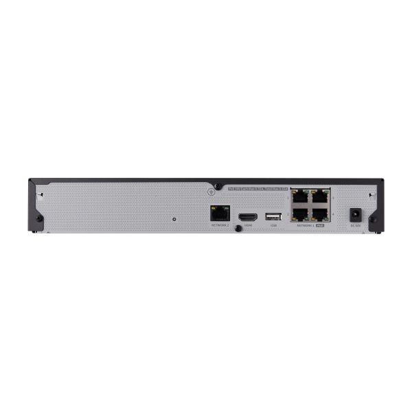 Hanwha - QRN-430S-4TB - 4K NVR (Intel based), 4TB RAW, 4CH with 4 PoE/PoE+ ports (PoE Budget 35W), H265,H264, MJPEG, 1 fixed internal SATA HDDs (6TB max), ARB (Automatic Recovery Backup), 40 Mbps recording / up to 32 Mbps playback, Dual stream record