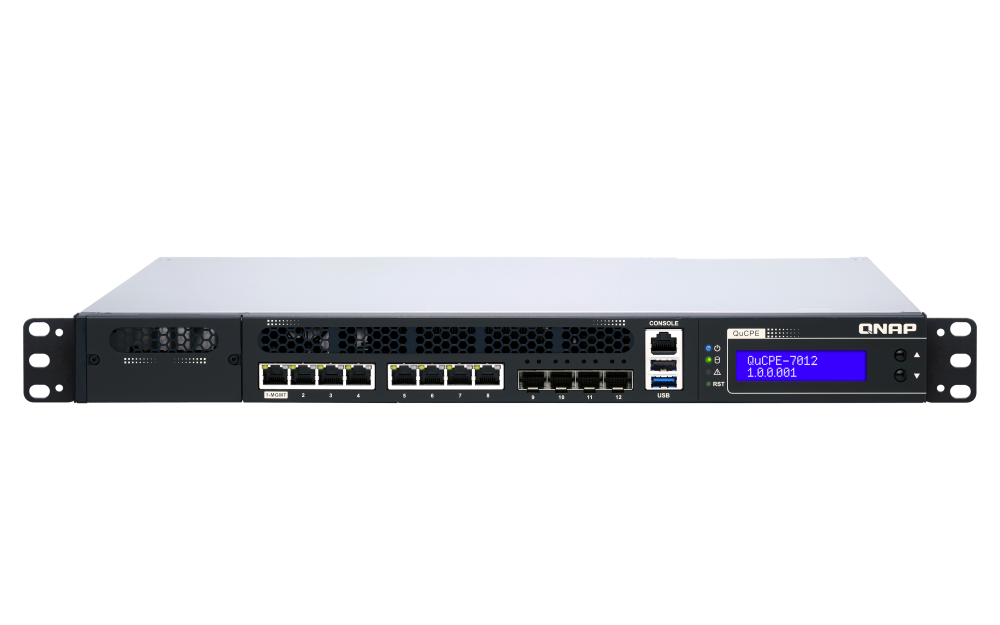 QNAP - QuCPE-7012-D2166NT-64G-US - QNAP Rackmount uCPE QuCPE-7012-D2166IT Intel Xeon D-2166IT 12C/24T 2.0 GHz, up to 3GHz, 64GB DDR4 ECC RAM, 4* 10GbE (SFP+), 8*2.5GbE
