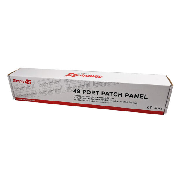 Simply 45 - S45-2548 - 48 Port Loaded UTP Cat5e Patch Panel, 2RU, 110 style, Cable Management Bracket, Cable Ties and Rack Screws. 1ea/box