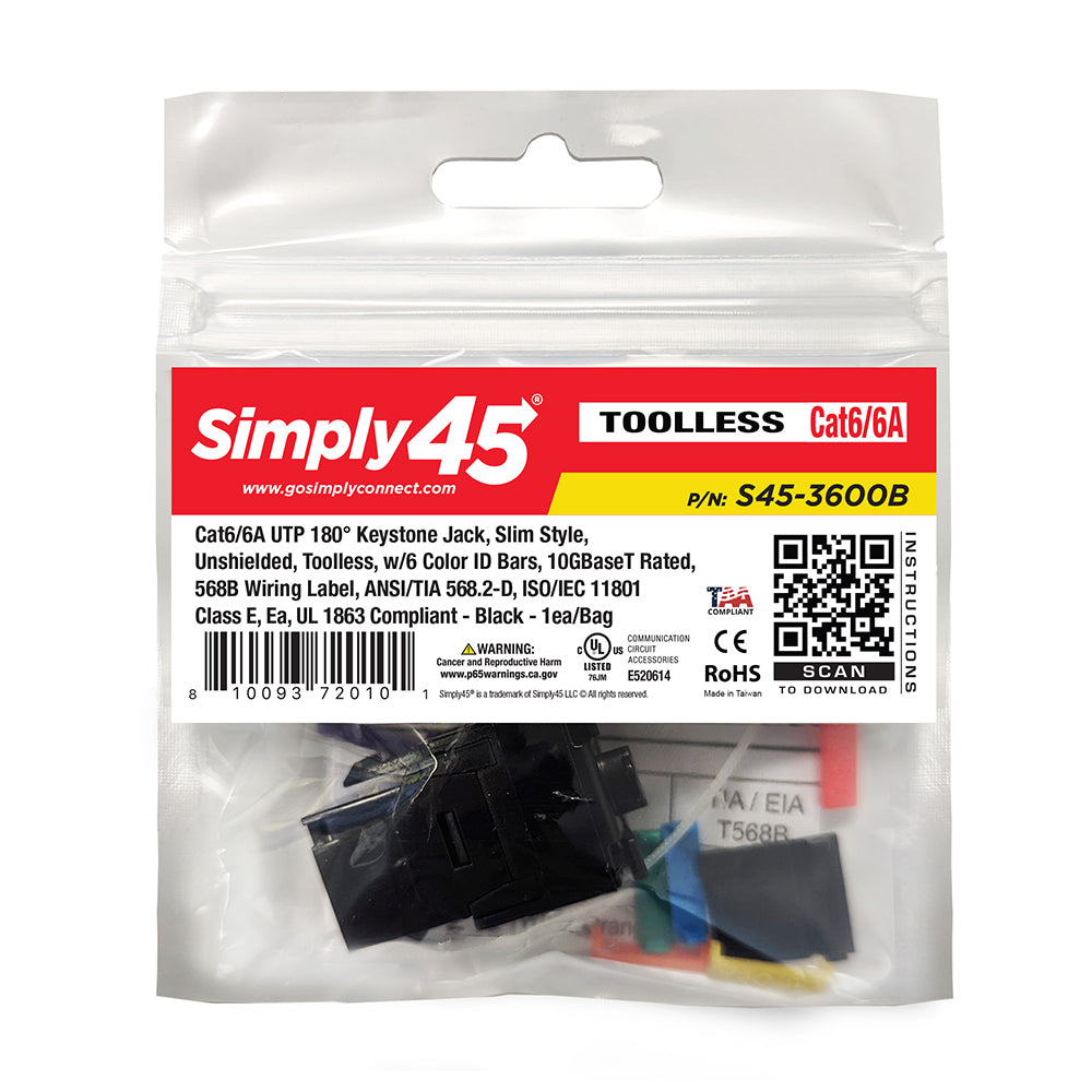 Simply 45 - S45-3600B - Cat6/6A UTP 180° Black Keystone Jack, Toolless, Connector Dust Cover