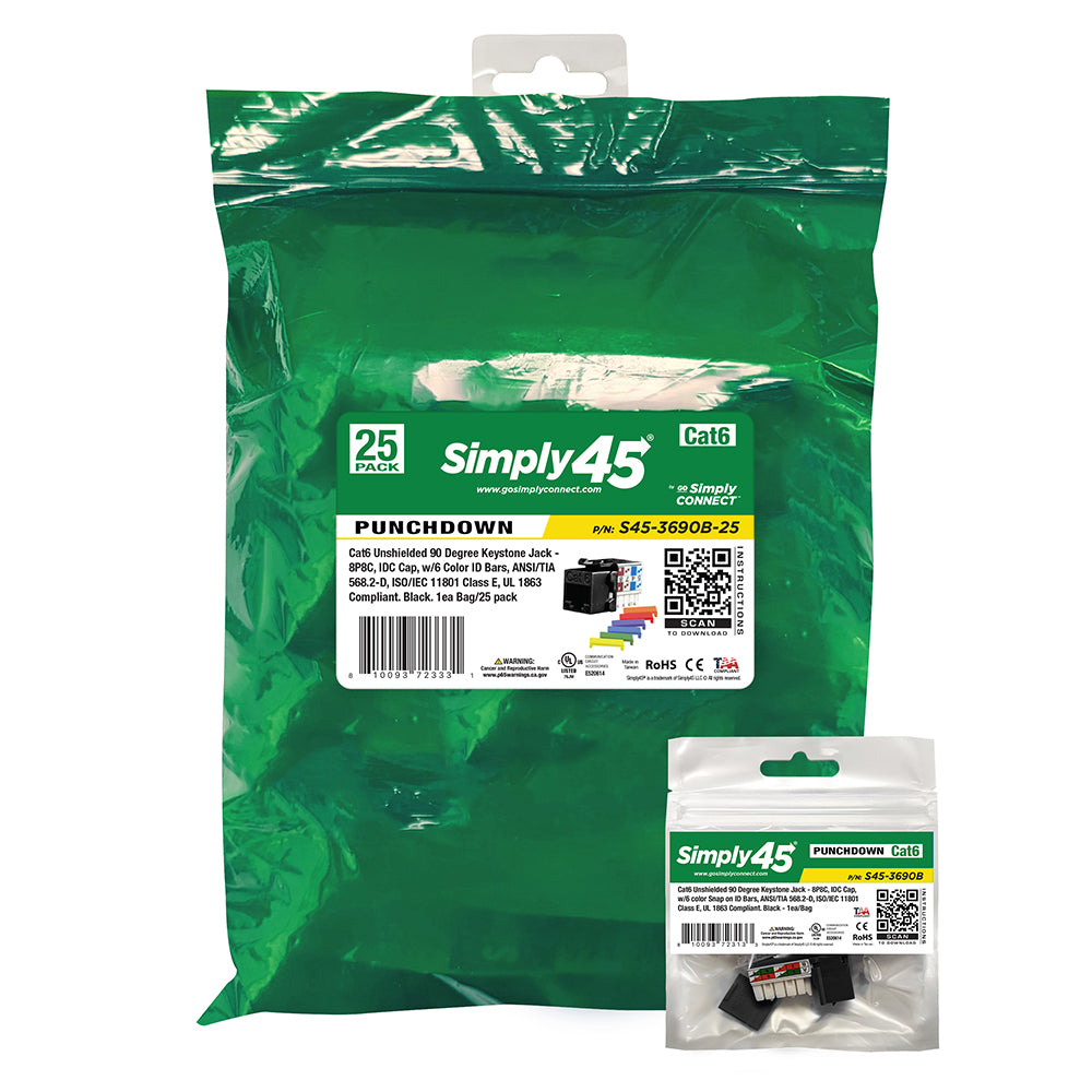 Simply 45 - S45-3690BL-25 - Cat6 UTP 90° Blue Keystone 110 Style, Dust Cover, IDC Cap - 25/Pack
