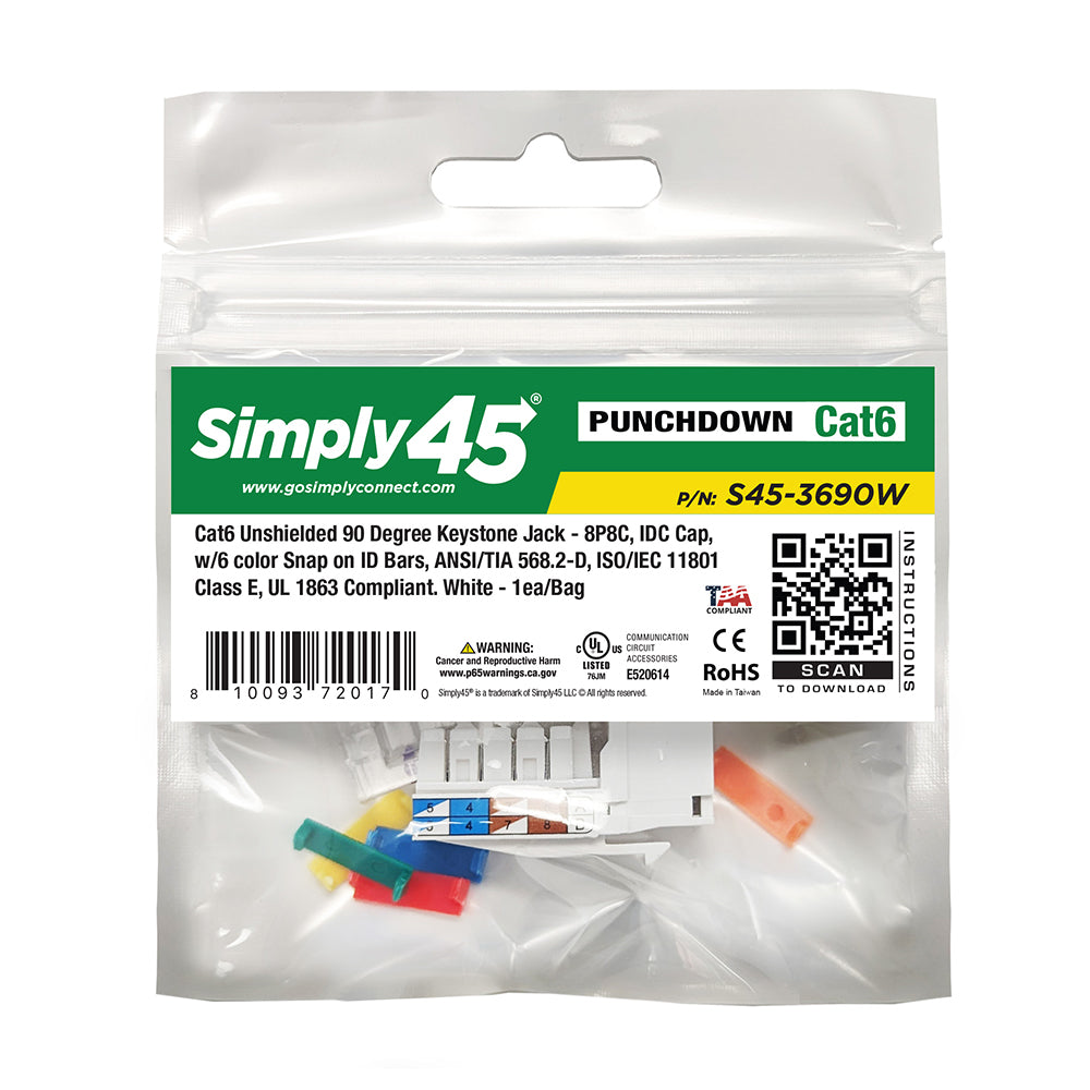 Simply 45 - S45-3690W - Cat6 UTP 90° 10G Rated White Keystone 110 Style, Dust Cover, IDC Cap 1ea/bag