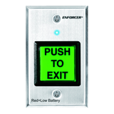 SECO-LARM - SD-8202GT-PEQ - Illuminated green 2" square "PUSH TO EXIT" button with built-in RF transmitter. Use with SECO-LARM 315MHz receivers. 9VDC Battery (included) operation with LED to indicate low battery. Stainless-steel single-gang plate.