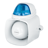 SECO-LARM - SH-816S-SQ/B - 9~15 VDC Xenon Tube Strobe Light with 120dB Warble-Tone siren. 75 flashes/minute. 25W speaker with audio input for broadcasting messages, built-in tamper output, IP65. Blue Lens.