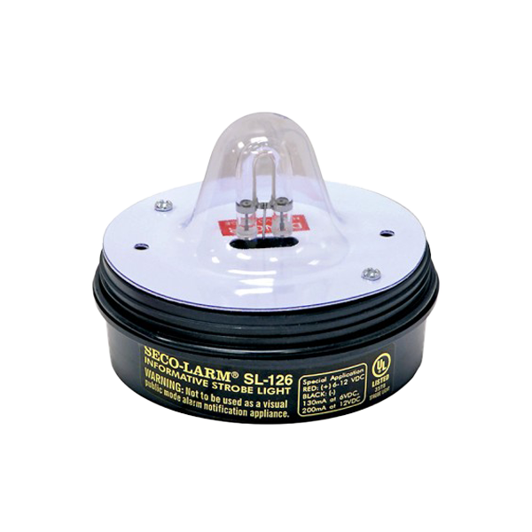 SECO-LARM - SL-126-A24Q/A - 6~24 VDC (2-wire connection) Strobe Light. “U”-Type Xenon tube. 100,000 Candlepower, over 100 flashes/minute, 150mA current draw at 24VDC. Amber lens.