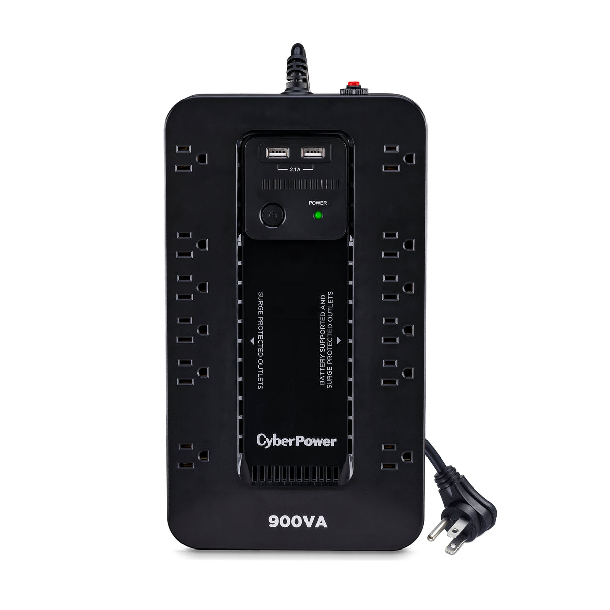 CYBERPOWER - ST900U - 900VA/500W, Standby UPS, Compact, 120V, (12) NEMA 5-15R, 2xUSB Charge Ports (2.1A Shared), 5Ft Cord, PowerPanel Personal Software, 3-Yr Warranty