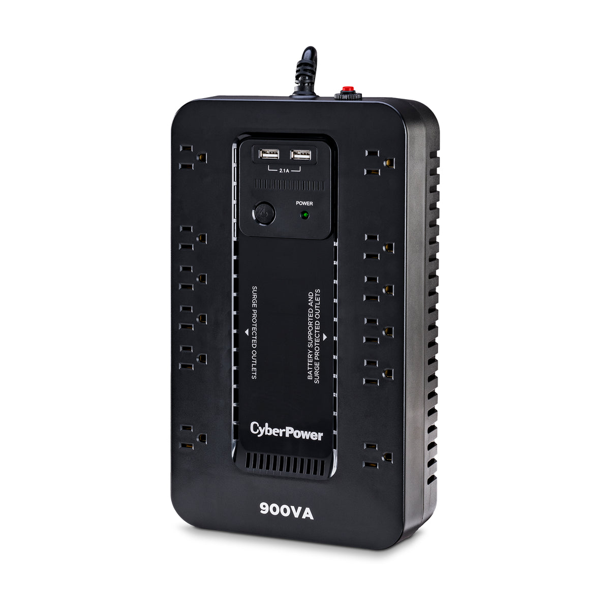 CYBERPOWER - ST900U - 900VA/500W, Standby UPS, Compact, 120V, (12) NEMA 5-15R, 2xUSB Charge Ports (2.1A Shared), 5Ft Cord, PowerPanel Personal Software, 3-Yr Warranty